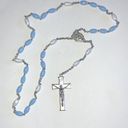 Vintage Blue  & White Silver Tone Religious Crucifix Catholic Rosary Necklace Photo 0