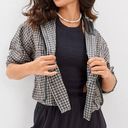 American Eagle  Cropped Hooded Flannel Shirt Gray White Plaid Crop Button Down L Photo 0