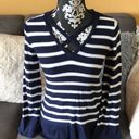 New York & Co. Blue & White V-Neck Jersey Top Photo 0