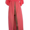 Vintage Womens M Coral Pink Neon Full Length Robe w/ Ruffled Neckline Orange Size M Photo 0