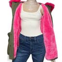 Vera & Lucy  Women’s Size S Green Pink Faux Shearling Lining & Hood Parka Jacket Photo 4