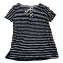 Tommy Hilfiger  Shirt Womens Small Black White Stripe Short Sleeve Lace-Up Cotton Photo 0