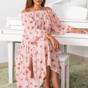 Alexis  Tilia Off the Shoulder Floral Print Tiered Midi Dress Tassel Tie Pink Photo 0