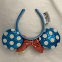 Disney  Parks Blue White Polka Dot Sequin Minnie Ears Headband Flower Mickey Cute Photo 3