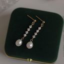 Elegant White Pearl Dangle Drop Earrings for Women,CZ Pearl Earrings Gold Photo 0