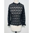 None Boho Open Knit Crochet Floral Lace Top Long Sleeves High Neck Black Size Large Photo 9