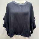 Edge NEW BUCKETLIST Navy Blue Waffle Knit Raw  Flutter Sleeve Slouchy Cropped Top Photo 0