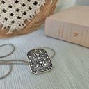 American Vintage Vintage “Jayne” Silver Tone Charm Pendant Necklace Rectangle Scroll Work Metallic Pin Photo 12