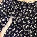 Lane 201 Navy Blue Flattering Floral Long Sleeve Puffy Sleeve Peplum Blouse Top Photo 2