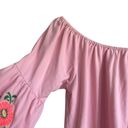 Umgee  WomenTop Crew Boat Neck 3/4 Tassel Embroiled Flower Bell Sleeve Boho Pink Photo 3