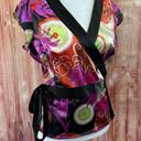 BCBG Max Azria Y2K Satin Kimono Japanese Swirl Wrap Blouse Photo 0