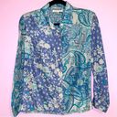 Coldwater Creek  100% Silk Blouse Blue Mixed Boho Prints Button Collar PS Photo 0