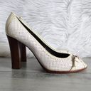 Fendi  Ivory Perforated Leather Buckle Peep Toe Wooden High Heels Photo 2