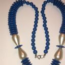 Vintage Blue  & Faux Pearl Disc Beaded Chunky Retro Boho Necklace Photo 5