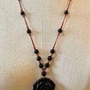 Onyx black  flower beaded pendant necklace on cord Photo 0