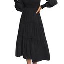 NEW Long Sleeve Crew Neck High Waist Smocked Flowy Tiered Midi Dress L Black Size L Photo 0