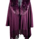Young USA Knit Poncho Cape Shawl Faux Fur Collar Fringe OSFM Plum Purple NEW! Size undefined Photo 0