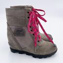 Sorel  Lexie Wedge Boots Quarry Grey Fuchsia Pink Lace Up Winter Booties Size 6 Photo 2