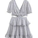 NEW White/Blue Floral Deep V Cutout Waist Ruffled Tiered Dress Multiple Photo 4