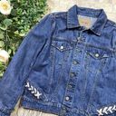 BLANK NYC  Denim Jean Faux Suede Fringe Stitch Boho Jacket Blue Beige Size XS Photo 2