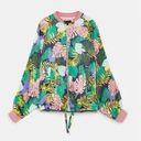 ZARA  Tropical Monstera Palm Leaves Elastic Trim Satin Bomber Jacket Pockets M Photo 0