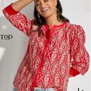 CAbi  Lyric Top Sz S Red & White Embroidered Eyelet Puff Sleeve Button Front EUC Photo 1