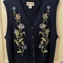 Vintage Alfred Dunner Floral Embroidered Button Up Sweater Vest Navy Blue XL Photo 0