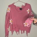 Daisy Just Polly Pink  Flower Cropped Raw Hem Distressed Sweater Size Medium Photo 2