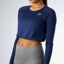 Gymshark  Drawstring Long Sleeve Elbow Key Hole Crop Top in Navy Blue Sz. Small Photo 0