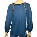 Ramy Brook  Women’s Size XS Blue Black Silk Tie Front Long Sleeve Top Blouse Photo 3