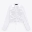 ZARA White Poplin Collared Cinched Tie String Gathered Long Sleeve Crop Top Photo 3