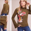 Anthropologie  Knitted & Knotted Moss Green Bold Floral Print Bell Sleeve Sweater Photo 1