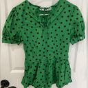 Who What Wear  Green Black Polka Dot Peplum Puff Sleeve Top Women’s Size XS Photo 1