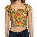 Cynthia Rowley  Linen Blend Tropical Print Crop Top Ruffle Sleeve Multicolor Sz M Photo 0