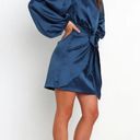 Petal and Pup  Opal Navy Blue Satin Long Balloon Sleeve Wrap Mini Dress 6 Photo 8