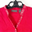 Relativity  100% Linen 3/4 Sleeves Red Button Gold Embroidery Trim Top, Large Photo 9