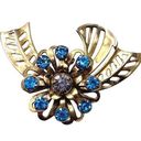 Vintage Blue  Faceted Flower Gold Tone Fashion Brooch Pin Open Work Round Stones Photo 0