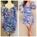 Lulus NWOT  Beautiful Impression Blue Floral Chiffon Long Sleeve Mini Dress Photo 1