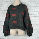 POL  Oversized Sweater Size Medium Boxy Pullover Knit Fuzzy Gray Red Lips Photo 1