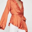 BCBGMAXAZRIA  Dotted Satin Wrap ASYMMETRIC BLOUSE Top Long Sleeve Orange S NEW Photo 3