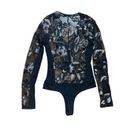 BCBGMAXAZRIA  Sheer Embroidered Mesh Bodysuit Shimmery Golden Floral Sz XS Photo 2