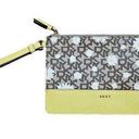 DKNY  Logo Wristlet Pouch Clutch Zipper Bag Daisies Saffron Leather Yellow Brown Photo 0