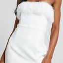 Showpo RHAIZA MINI DRESS - FAUX FEATHER TRIM STRAPLESS DRESS IN WHITE Photo 0