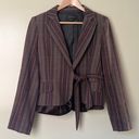 BCBGMAXAZRIA  Wool Blend Blazer Tie Front Brown Striped Silk Trim Ruffle Small Photo 0