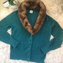 CAbi  Faux Fur Neckline Cardigan in Teal Photo 3