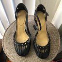 Nine West 90s/2000s  black vintage y2k roman hollow strappy cage cone curved round toe basket weaving fisherman maryjane heeled pumps 100% genuine leather Photo 3