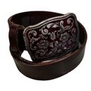 Gap  Brown Leather Ladies Belt, Red Enameled Floral Buckle, Sz S Photo 4