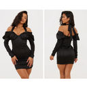 Pretty Little Thing  - Constructed Satin Draped Bardot Bodycon Dress in Black Photo 3