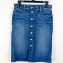 The Moon MOTHER Blue High Waisted Front Button Pockets Midi Jean Skirt, Size 27 Photo 0