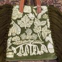 Anthropologie  Beaded Fringe Hem Bag Green Ivory Crochet Hand Tote Boho Cottage Photo 2